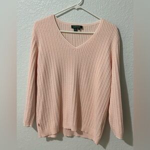 Lauren Ralph Lauren Pink Ribbed V-Neck Cotton Sweater Size L 100% Cotton